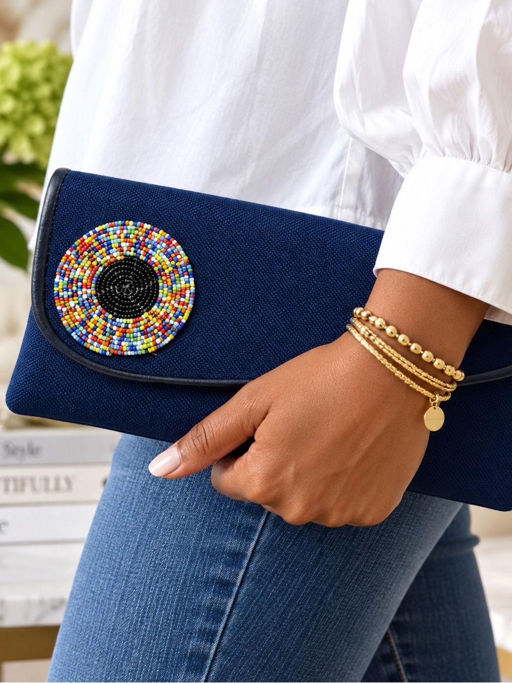 Navy Beaded Circle Clutch - Unbranded